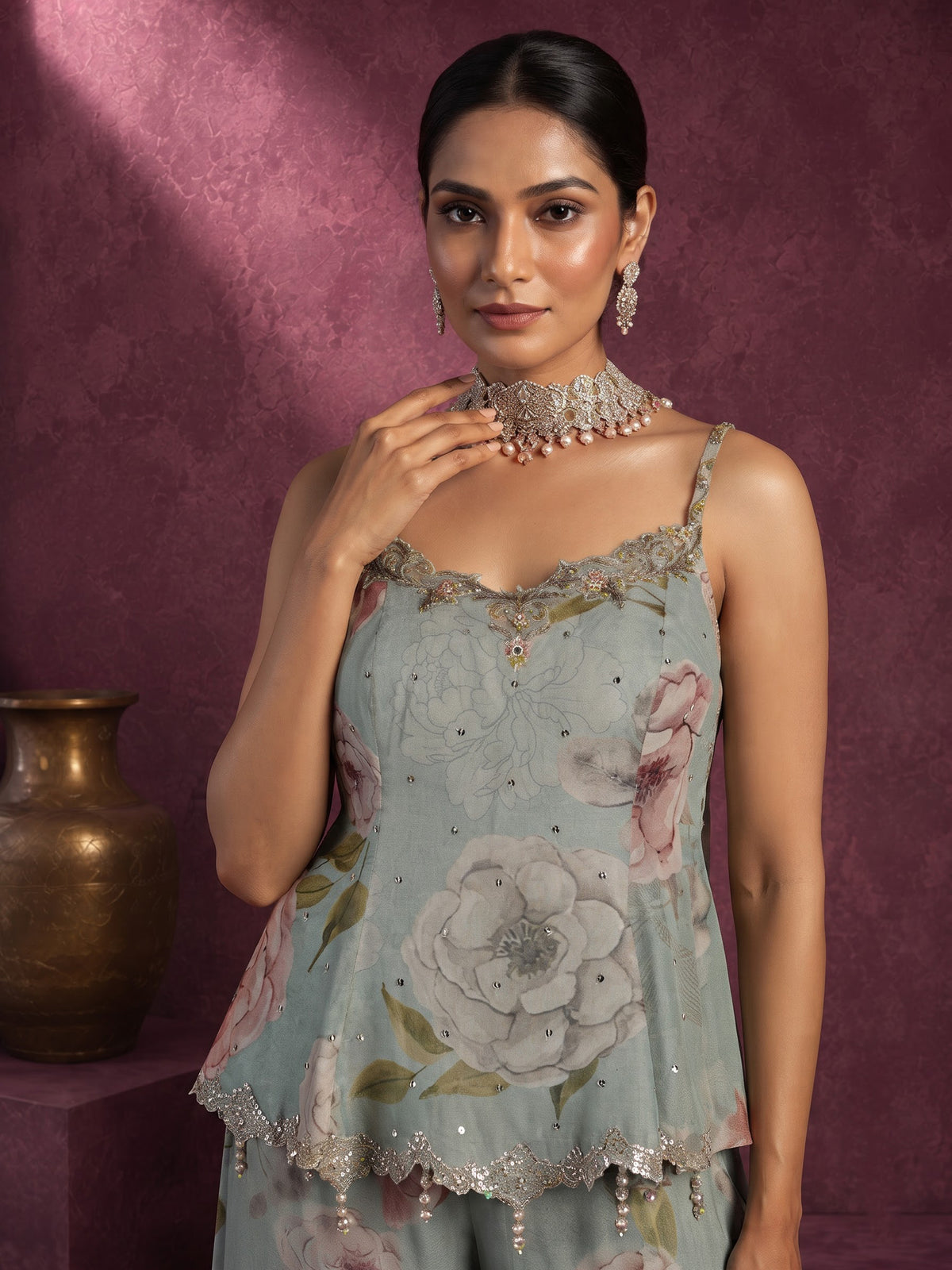 Pastel mint green tissue silk palazzo suit with floral embroidery