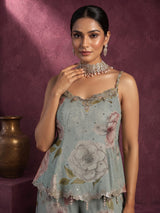 Pastel mint green tissue silk palazzo suit with floral embroidery