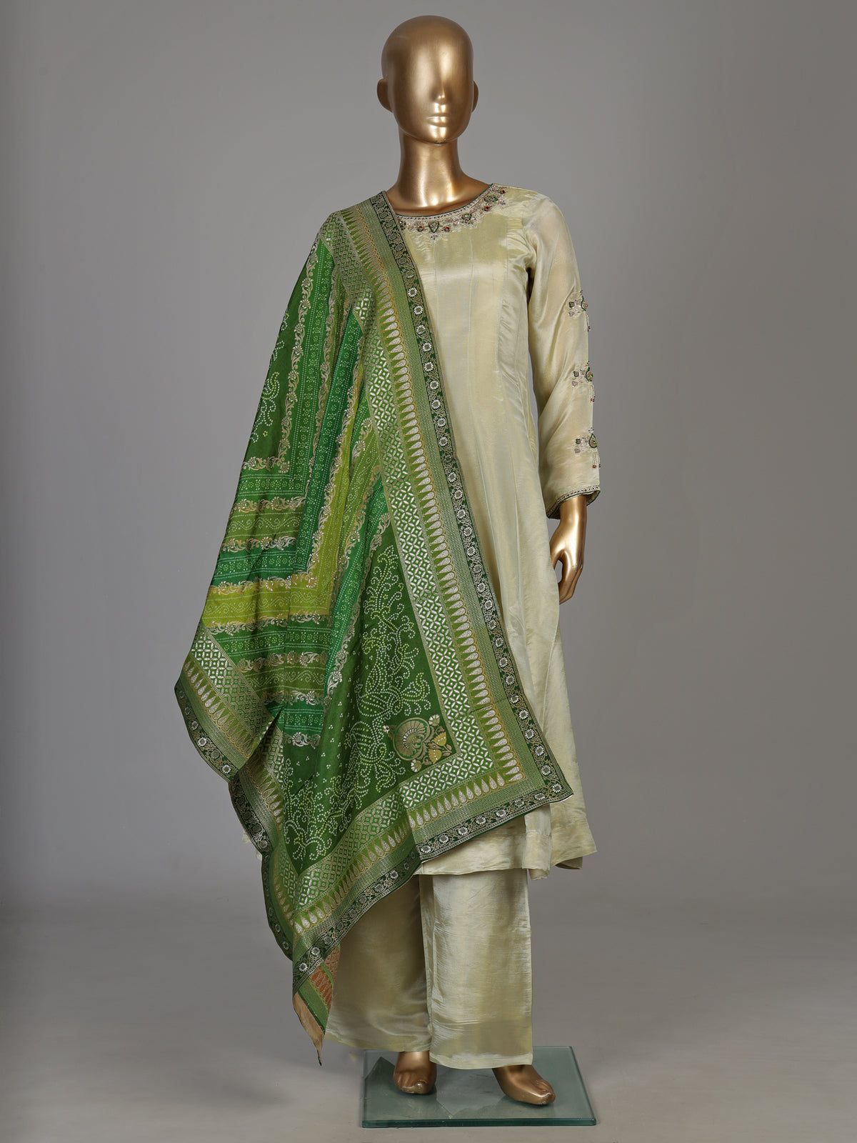 Pastel pista green tissue silk anarkali suit with diamond accents