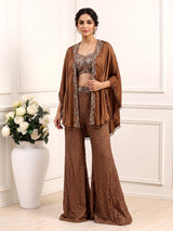 Brown satin silk palazzo suit with mirror work and tassel accents