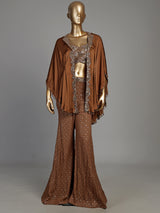 Brown satin silk palazzo suit with mirror work and tassel accents