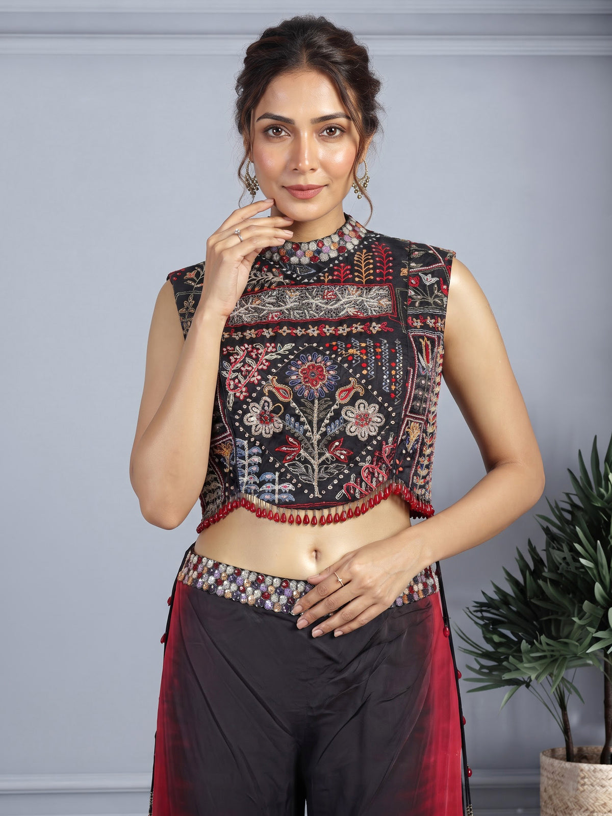 Black satin silk shaded palazzo suit with ornate bandhgala styling