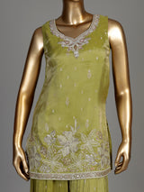 Pastel mehendi green silk palazzo suit with pearl embellishments