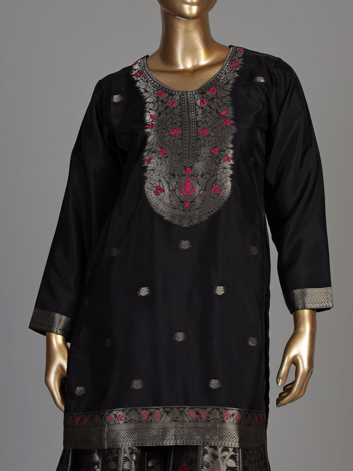 Black banarasi silk palazzo suit with an ornate zari yoke