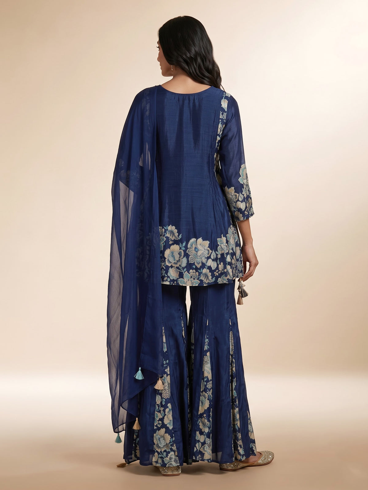 Blue silk palazzo suit with floral prints and resham work