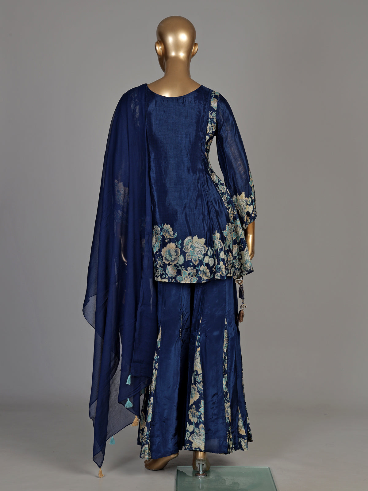 Blue silk palazzo suit with floral prints and resham work