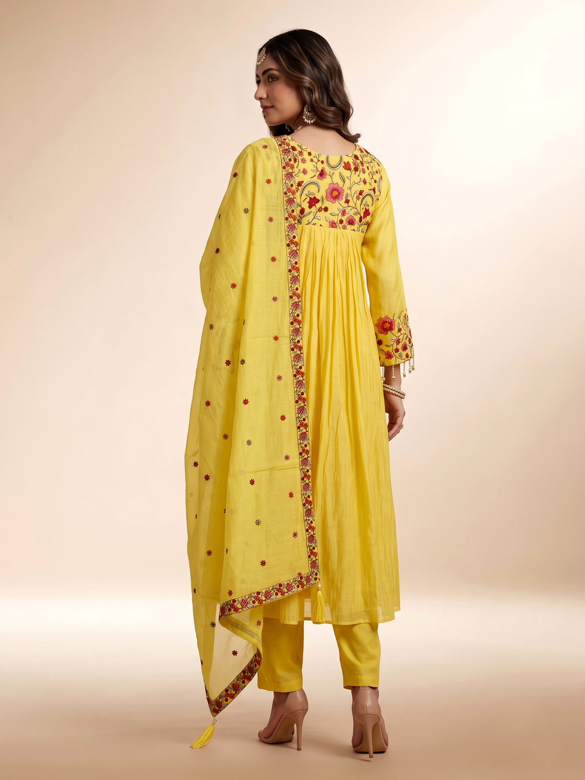 Mustard yellow viscose anarkali suit with floral embroidery