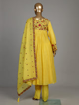 Mustard yellow viscose anarkali suit with floral embroidery