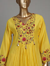 Mustard yellow viscose anarkali suit with floral embroidery