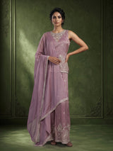 Lavender purple tissue georgette palazzo suit with pearl detailing