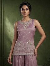 Lavender purple tissue georgette palazzo suit with pearl detailing