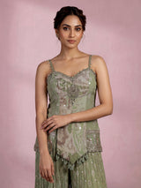 Pista green silk palazzo suit with floral prints and zardosi work