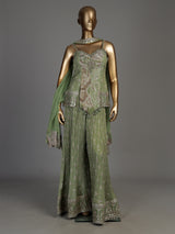 Pista green silk palazzo suit with floral prints and zardosi work