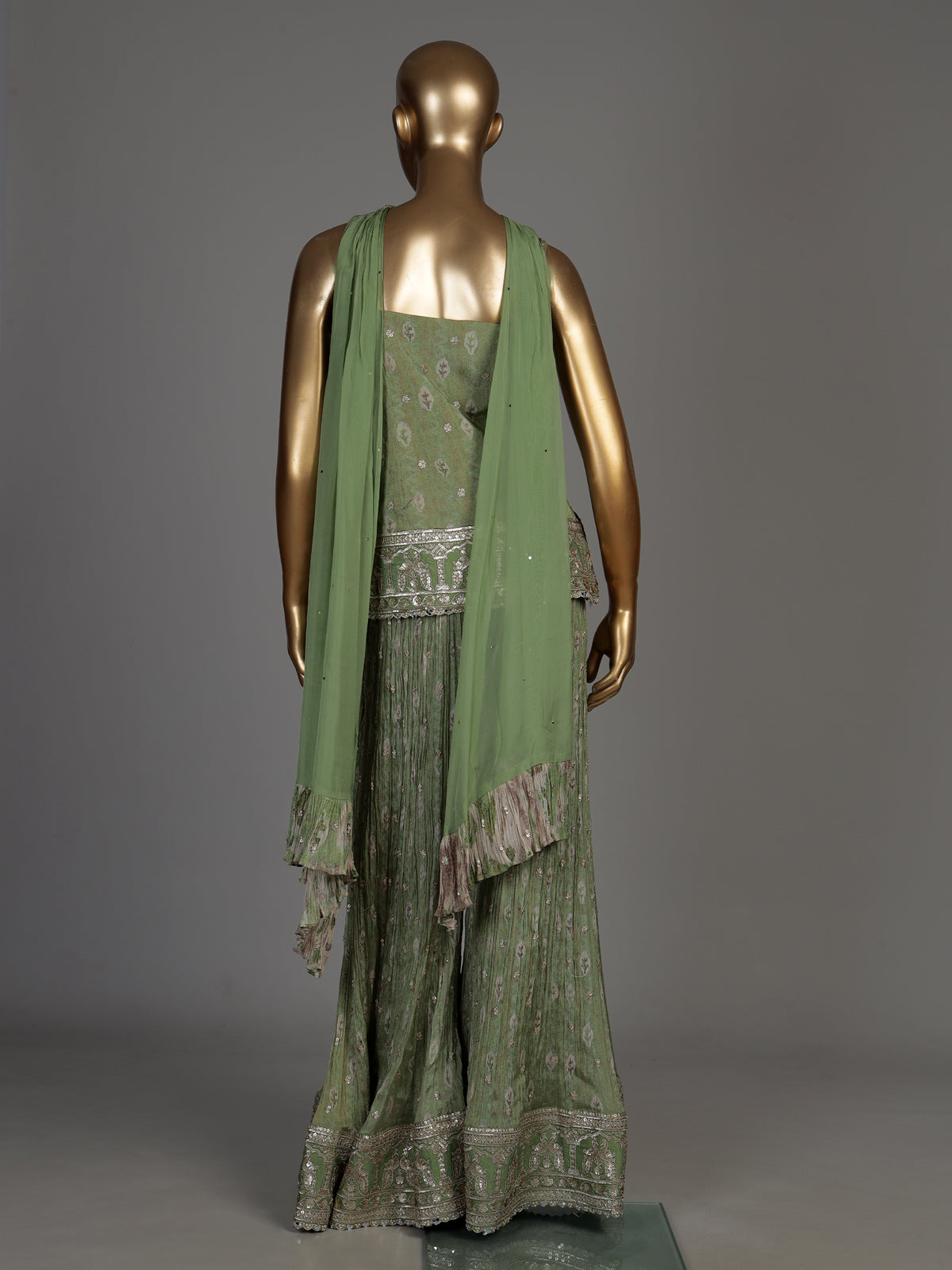 Pista green silk palazzo suit with floral prints and zardosi work