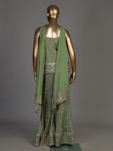 Pista green silk palazzo suit with floral prints and zardosi work