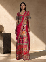 Rani pink silk palazzo suit with an embellished georgette dupatta