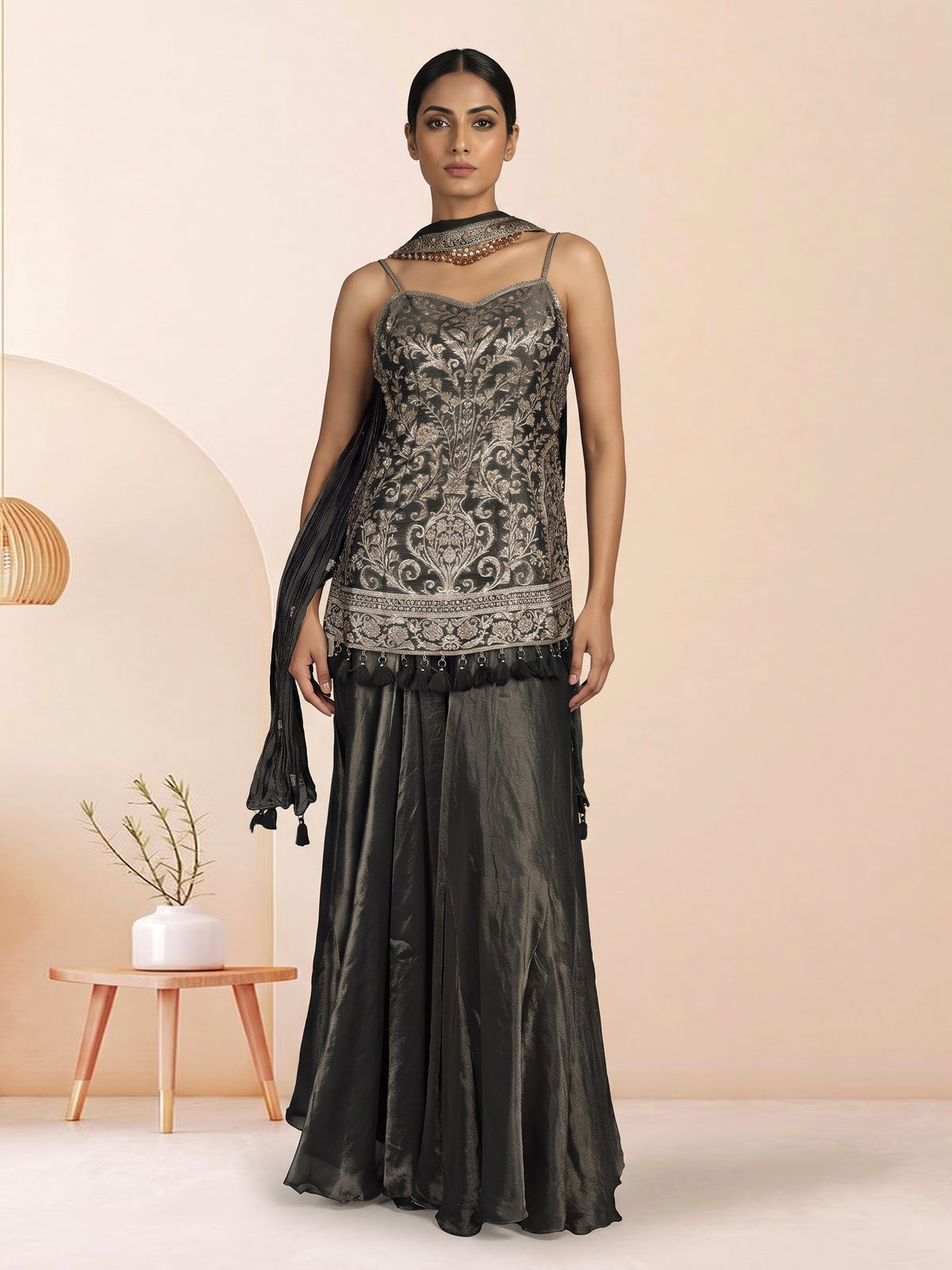 Charcoal grey tissue silk palazzo suit with zari embellishments