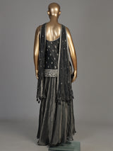Charcoal grey tissue silk palazzo suit with zari embellishments