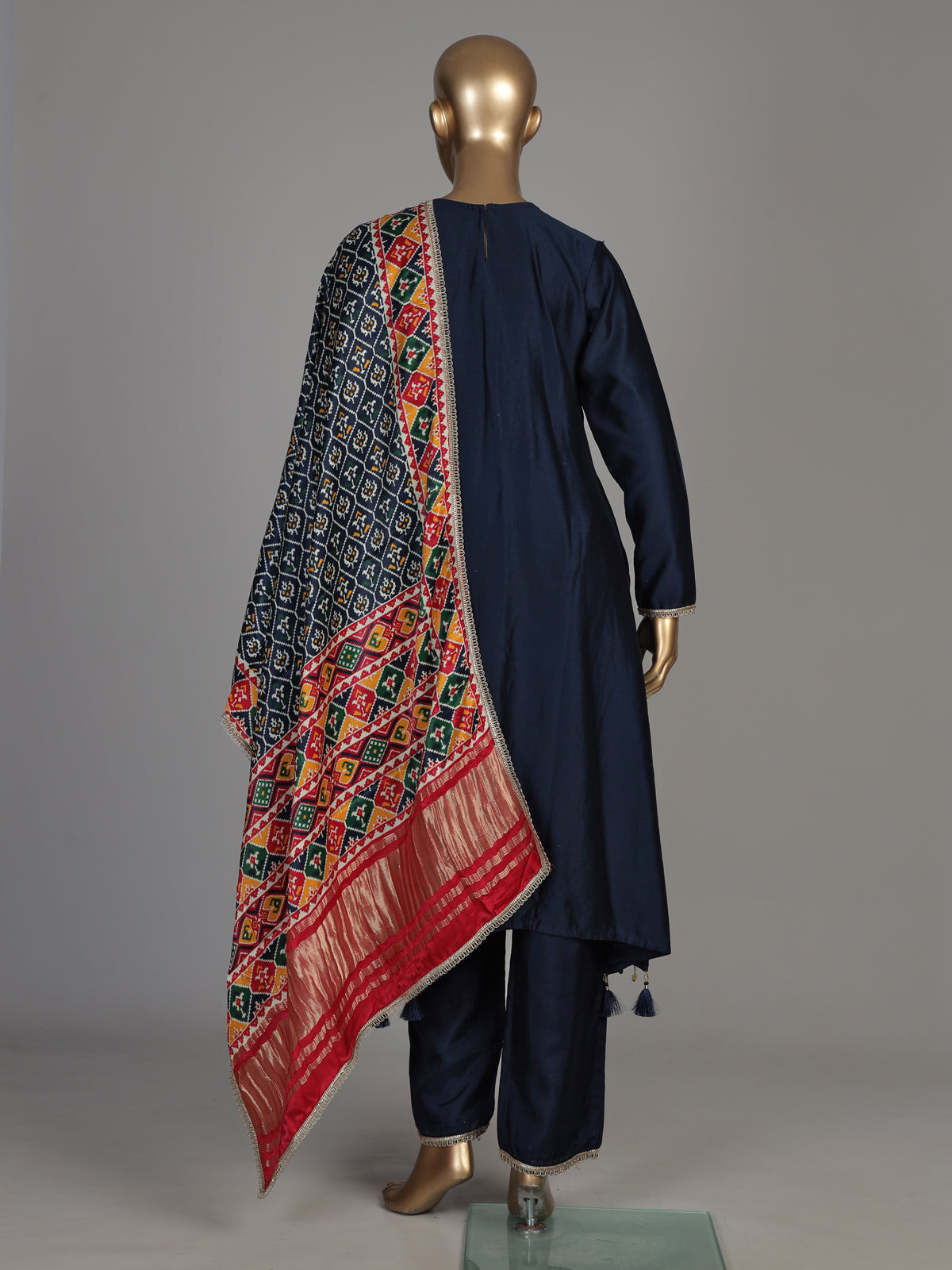 Navy blue silk anarkali suit with Patola printed dupatta