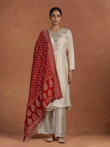Cream silk anarkali palazzo suit with contrast dupatta