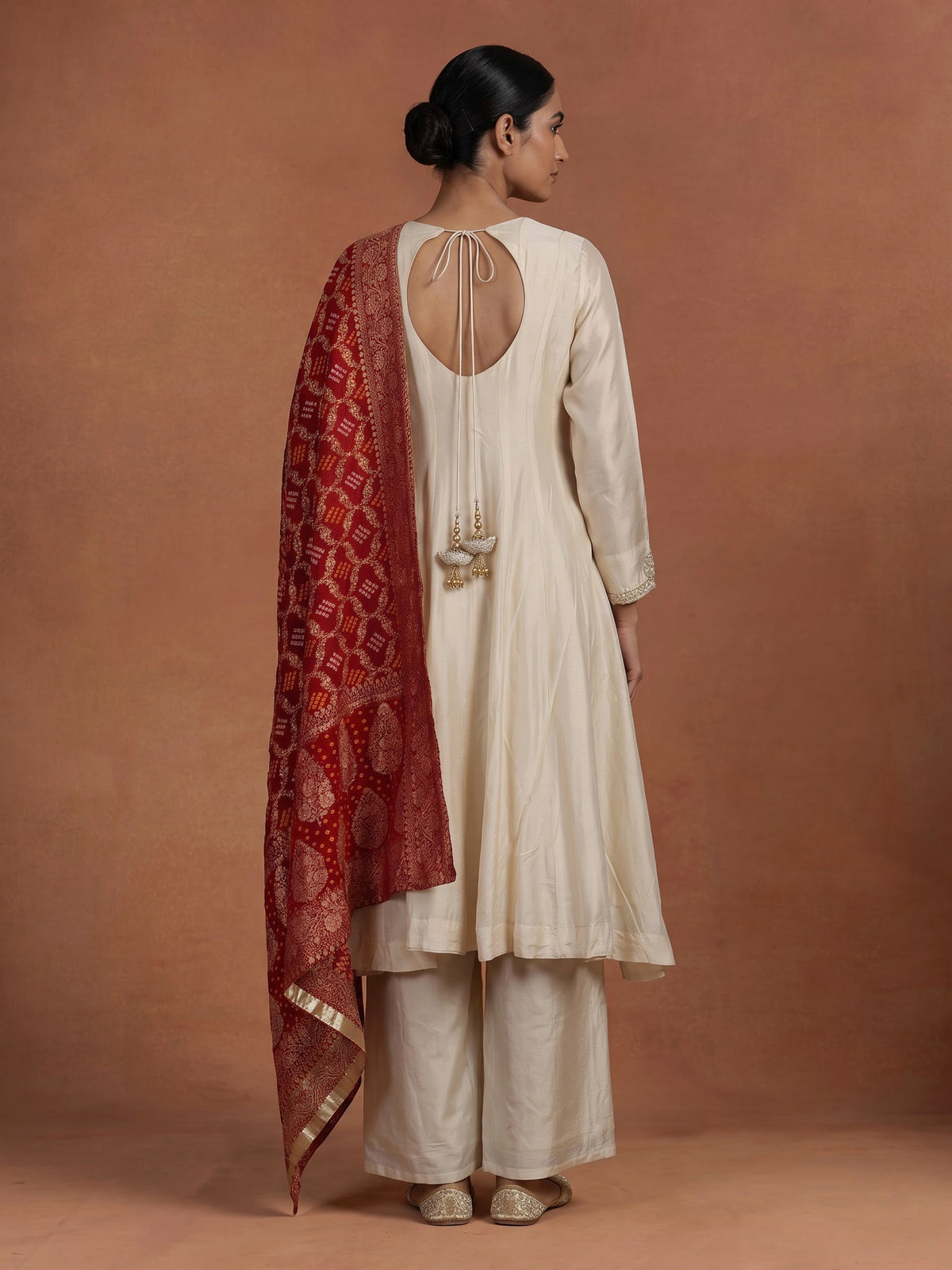 Cream silk anarkali palazzo suit with contrast dupatta