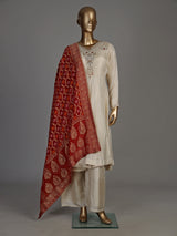 Cream silk anarkali palazzo suit with contrast dupatta