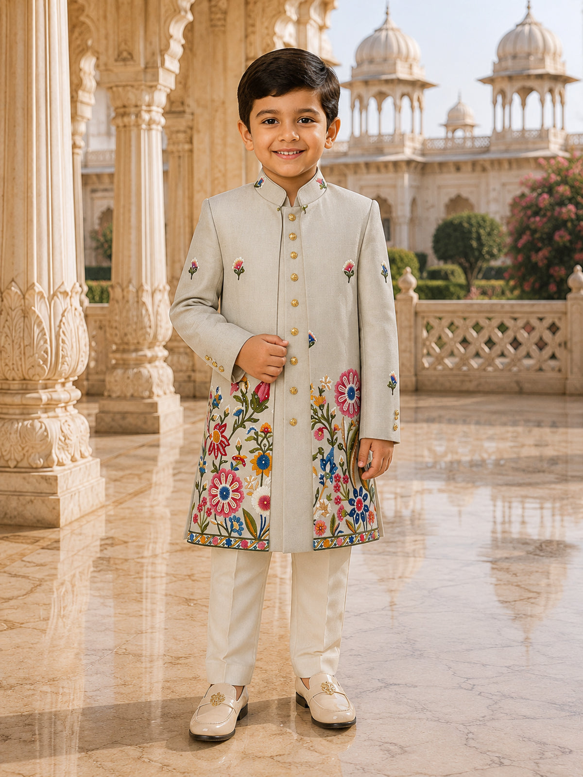 Grey embroidered jacket boy indo western linen suit
