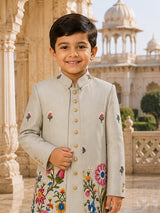 Grey embroidered jacket boy indo western linen suit