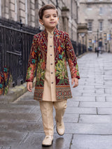Peach printed jacket boy indo western jacquard suit