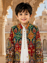 White printed embroidery boy indo western jacquard suit