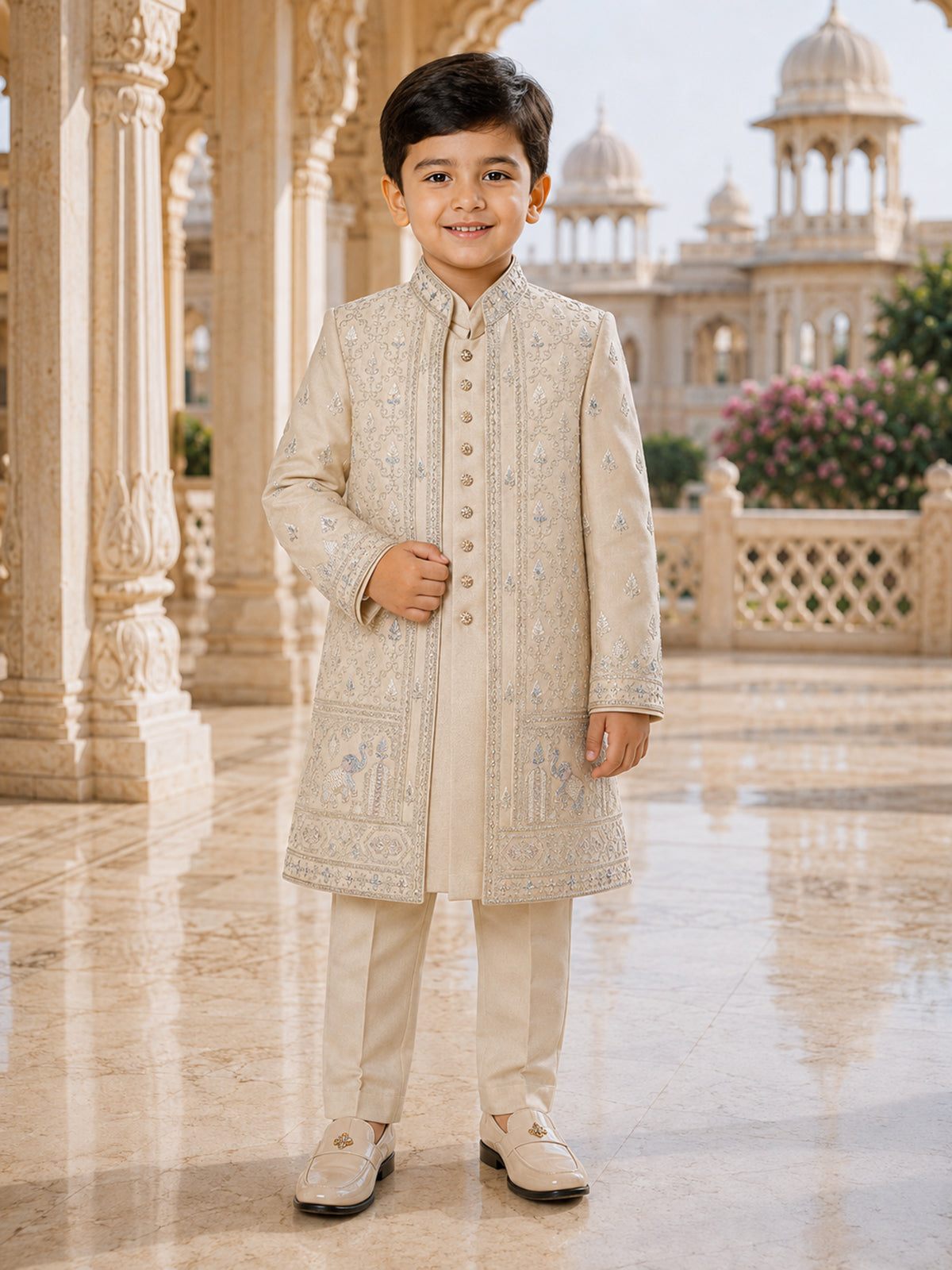 Beige boy indo western silk jacket suit