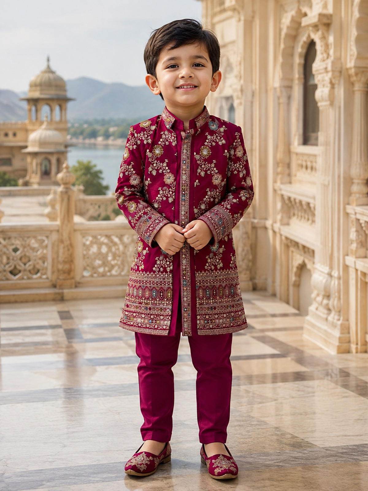 Wine red embellished boy indo western silk suit