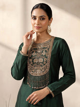Bottle green silk anarkali suit with patola printed dupatta