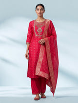 Rani pink silk bandhani suit with an embellished yoke