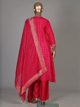 Rani pink silk bandhani suit with an embellished yoke
