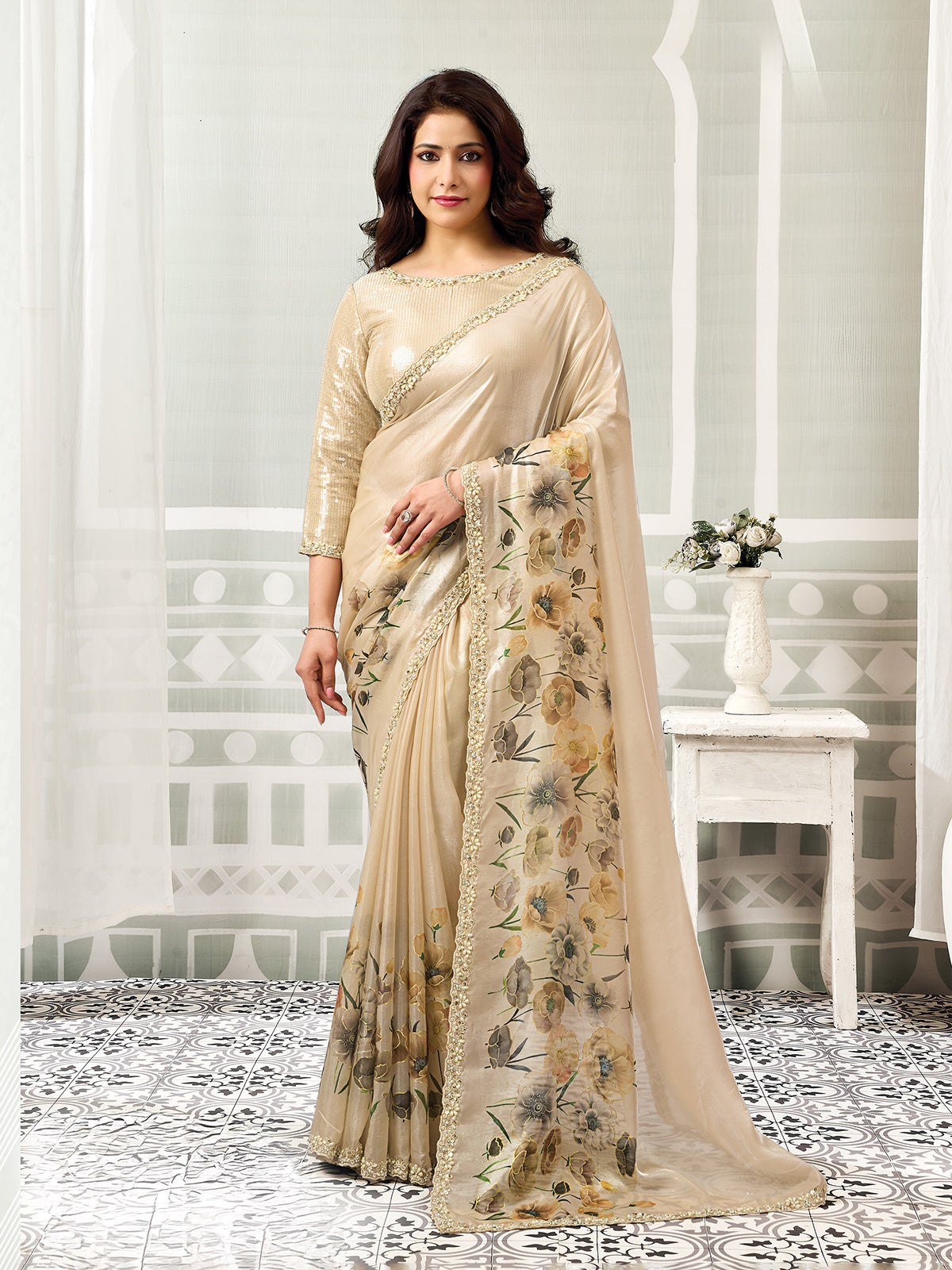 Beige printed brilliance satin silk women saree