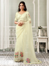 Lime yellow mirror charm organza satin women saree