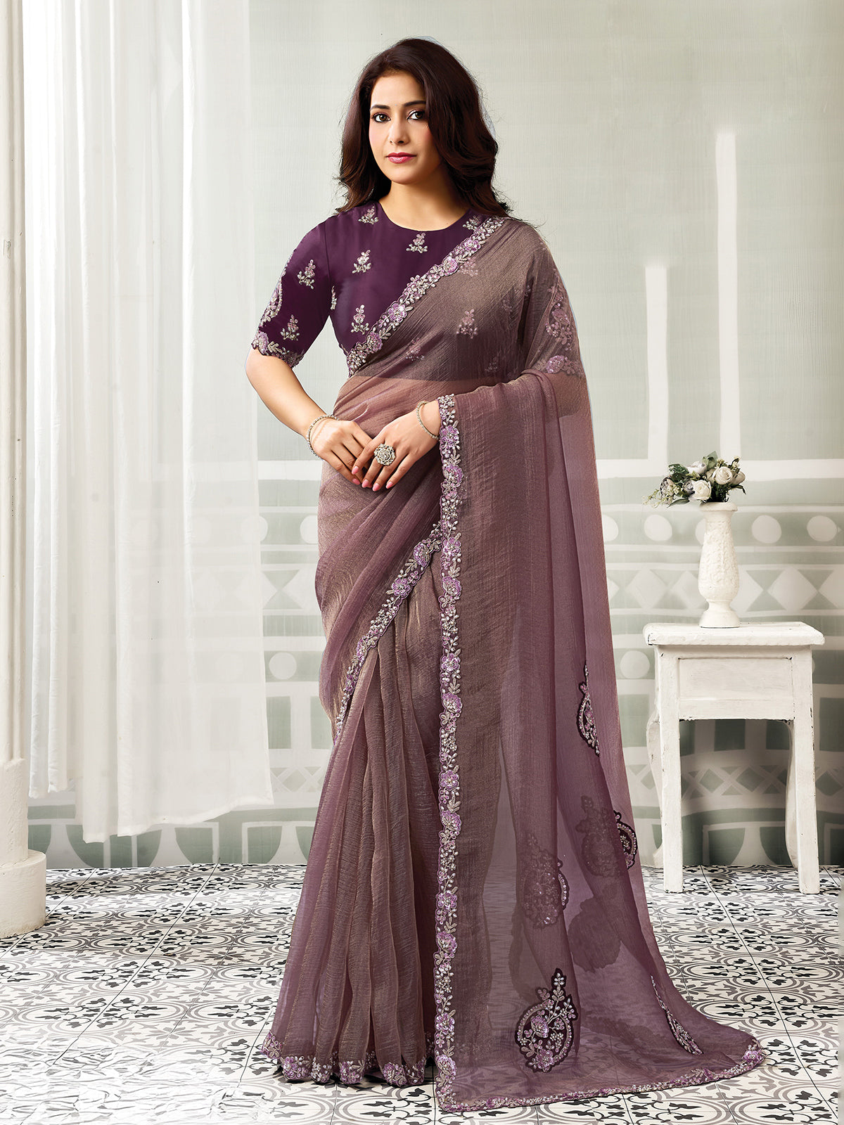 Wine embellished splendour organza satin women saree