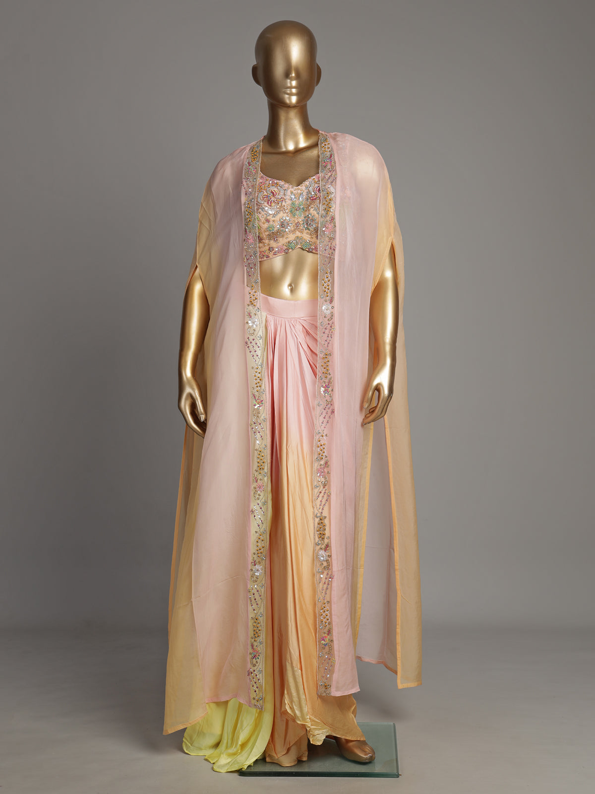 Pink satin crepe Indo-Western suit with embellished shrug