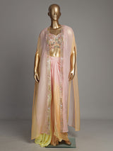 Pink satin crepe Indo-Western suit with embellished shrug