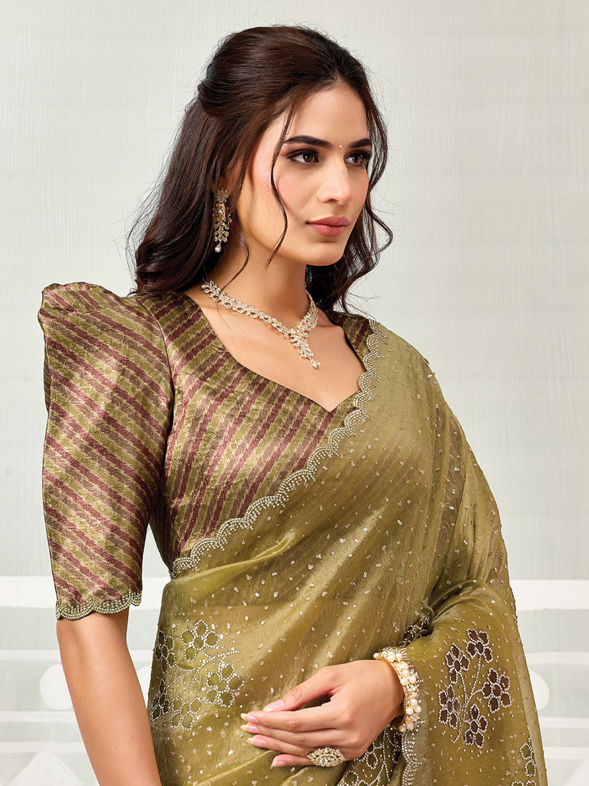 Mehendi green Swarovski handprint tissue satin women saree