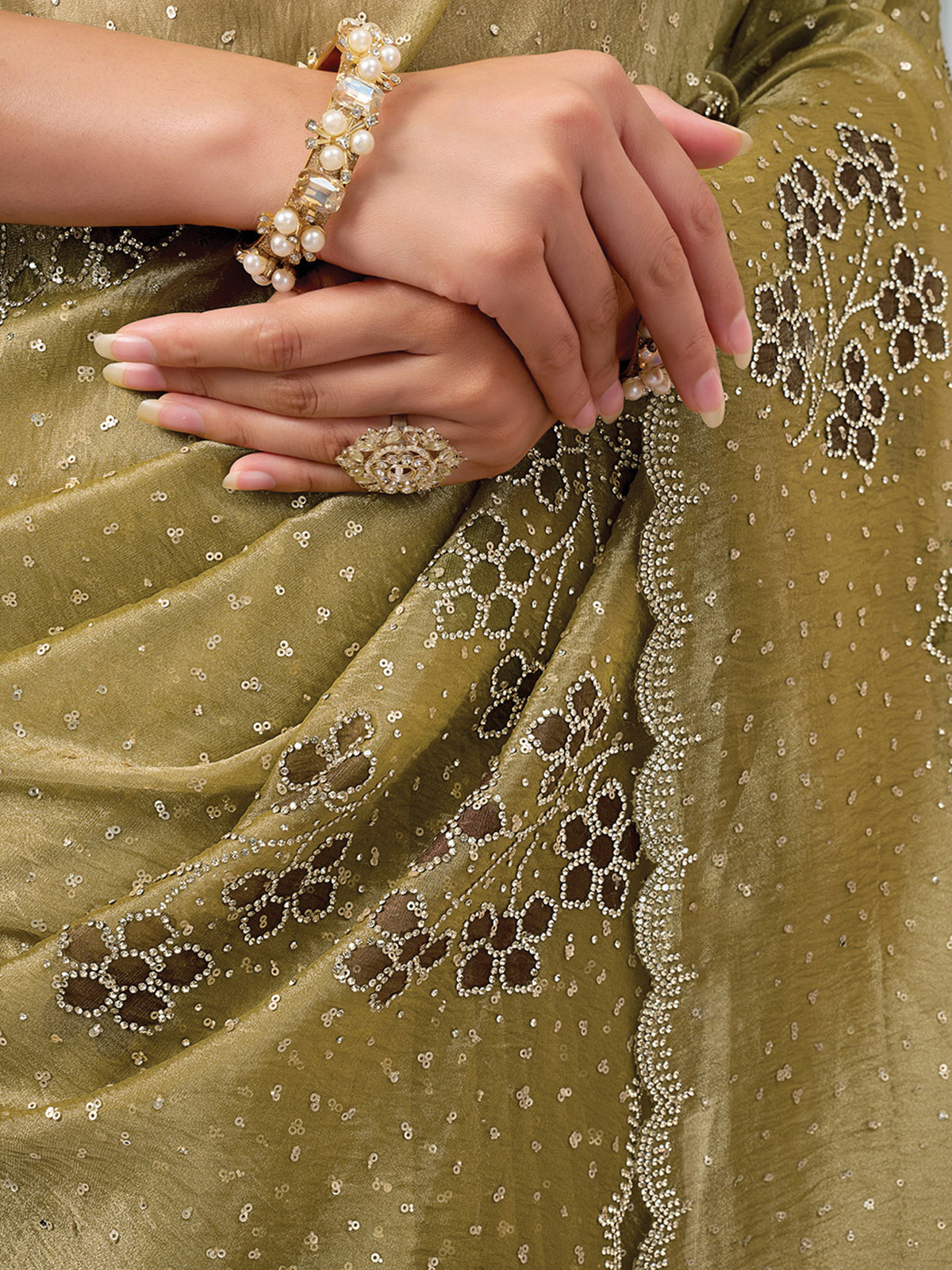 Mehendi green Swarovski handprint tissue satin women saree