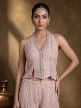 Light peach georgette palazzo suit with mirror and zardosi work