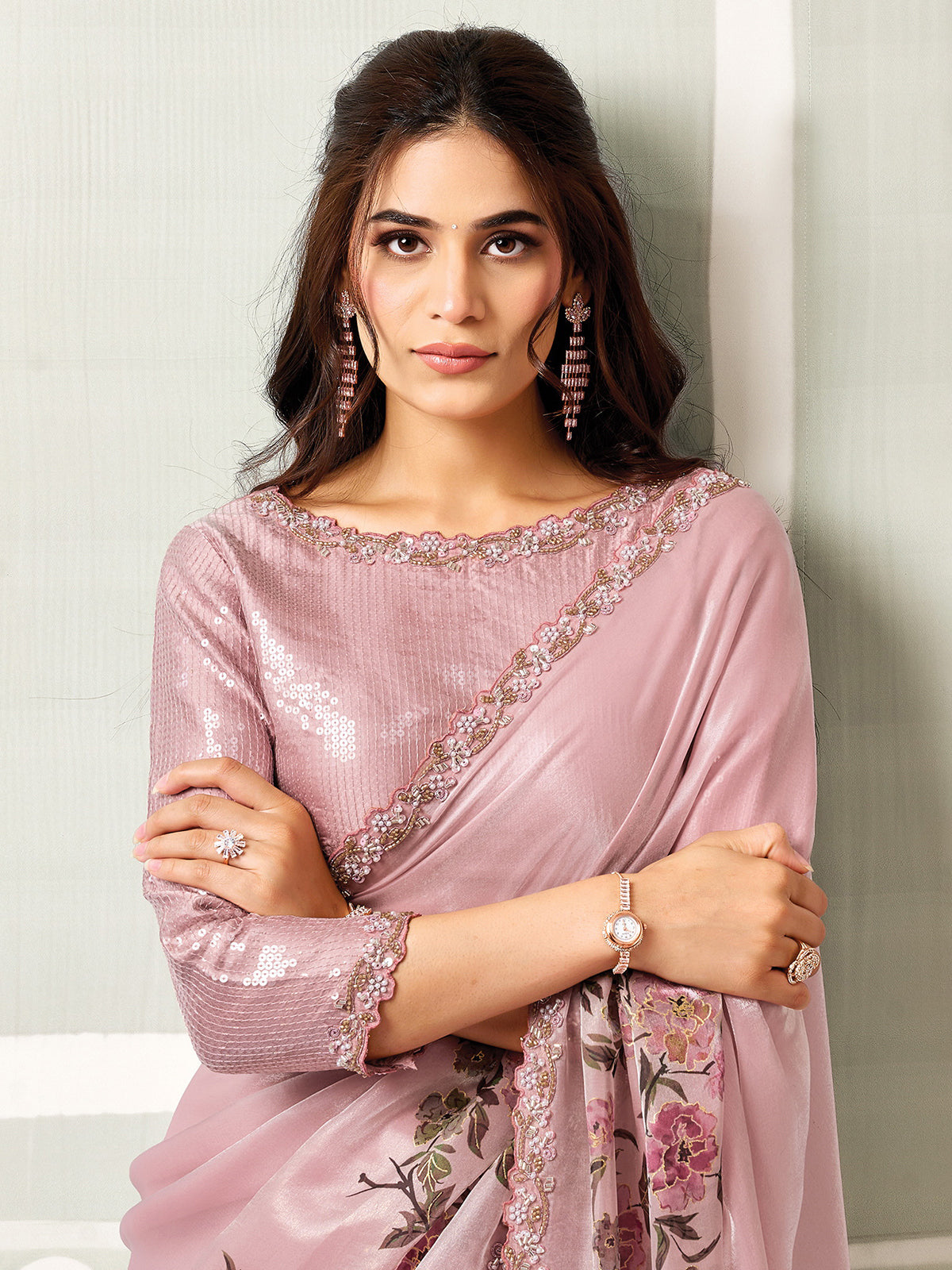 Pastel pink digital bloom satin silk women saree