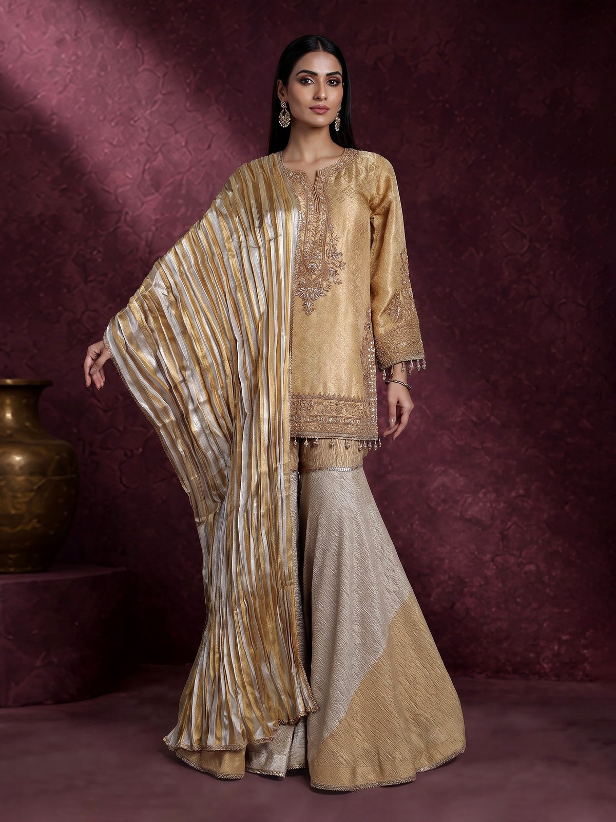 Gold brocade silk sharara suit with zardosi and zari work