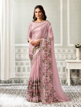 Pastel pink digital bloom satin silk women saree