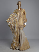 Gold brocade silk sharara suit with zardosi and zari work