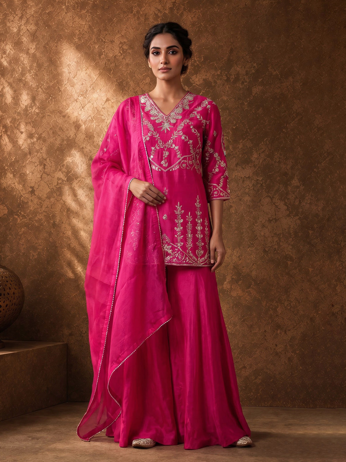 Rani pink chanderi silk palazzo suit with gota detailing