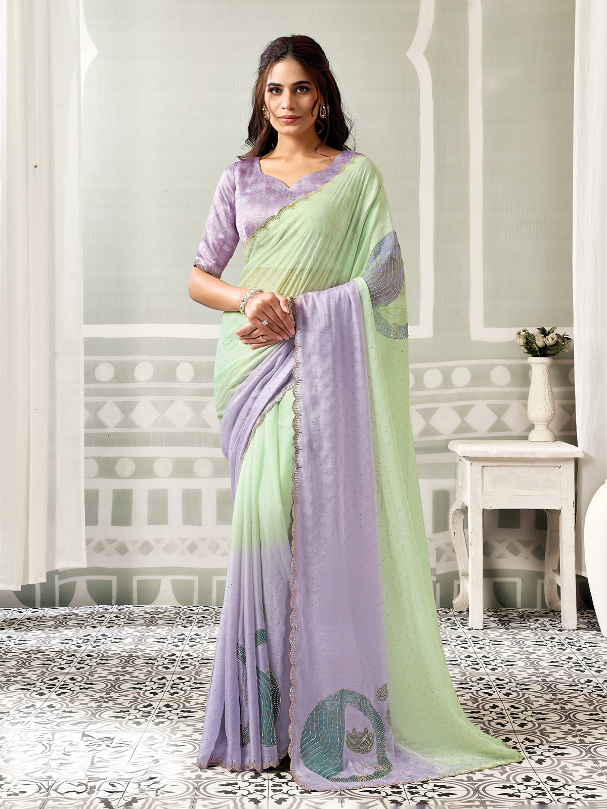 Green purple dual shade organza satin women saree