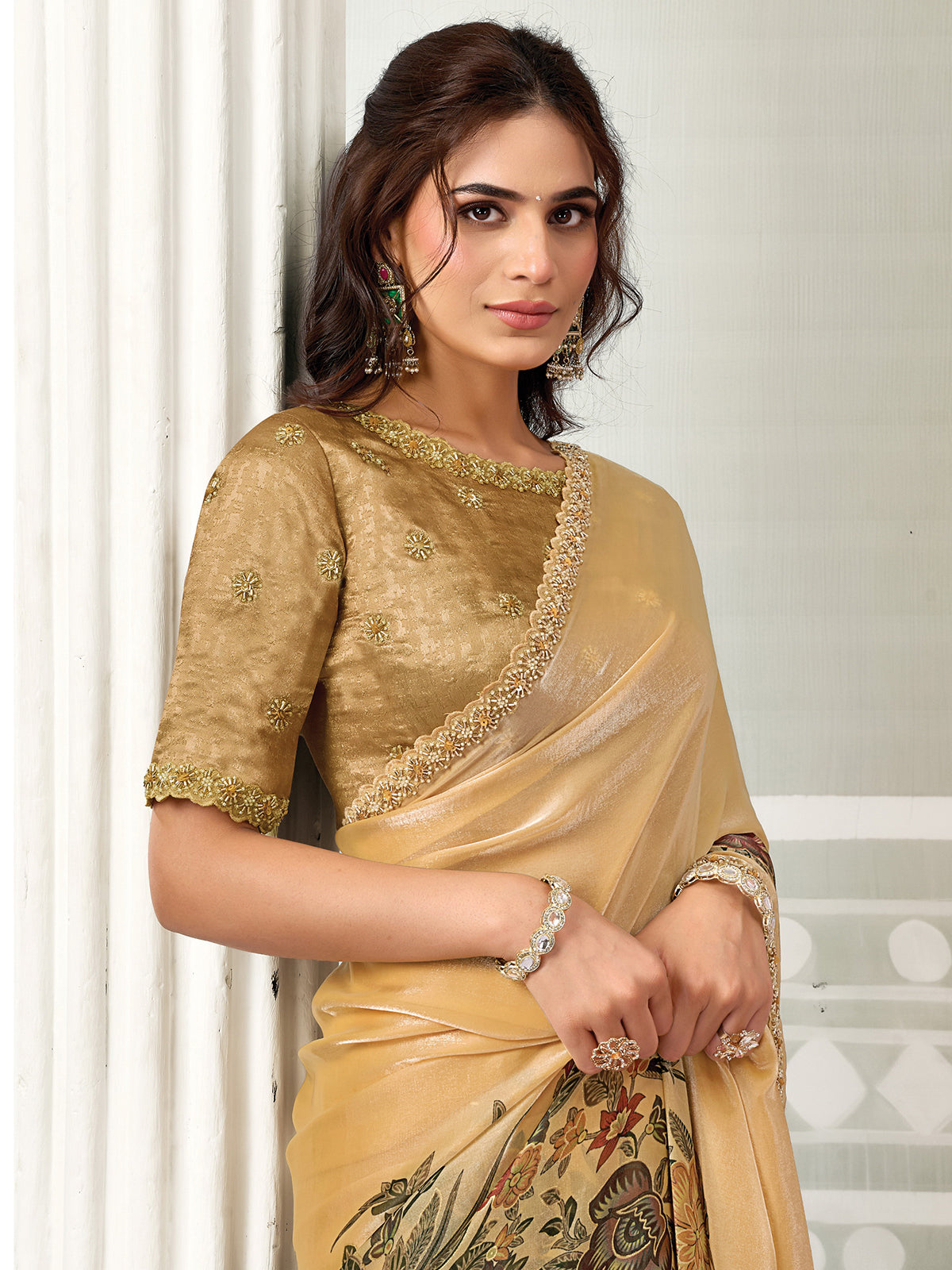 Pastel beige cutdana detailing satin silk women saree